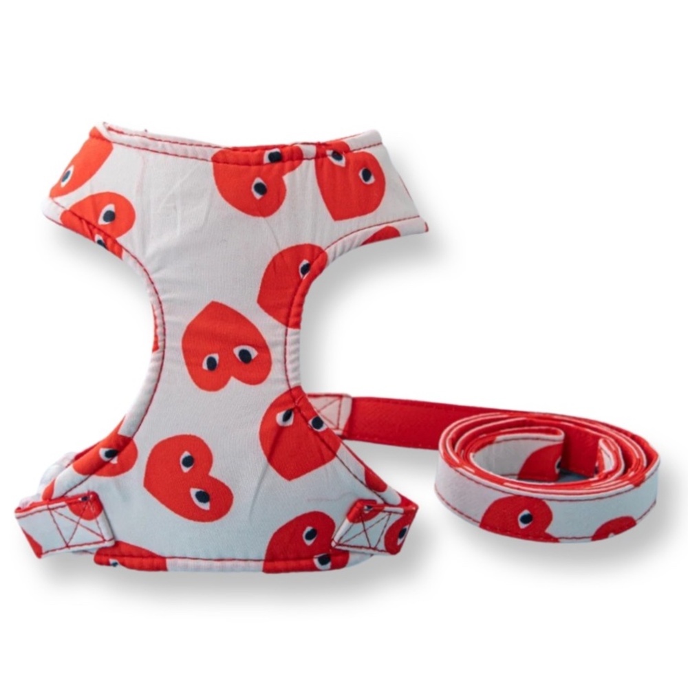 Bougie Red hearts dog harness with leash.